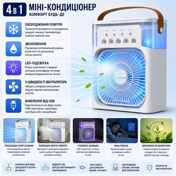 Портативный мини-кондиционер 4 в 1 с увлажнением воздуха и LED-подсветкой / Настольный охладитель воздуха USB KU-f50fan фото