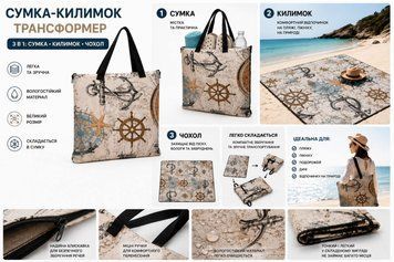 Сумка-килимок трансформер Coverbag 3 в 1 для пляжу та відпочинку XL штурвал 3085992296 фото