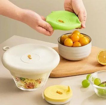 Кришки силіконові багаторазові для зберігання харчових продуктів 3шт із записом часу 1069pr12 фото