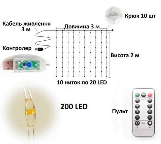 Светодиодная гирлянда штора роса на проводе 3х3 м 300LED пульт + USB SF-2 микс AND-2757 фото