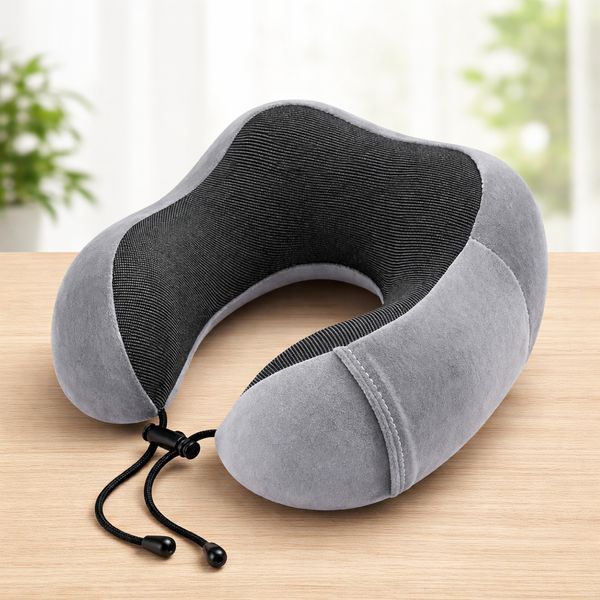 Дорожня подушка-рогалик Memory foam під шию з фіксатором Сіра Ol-1 фото