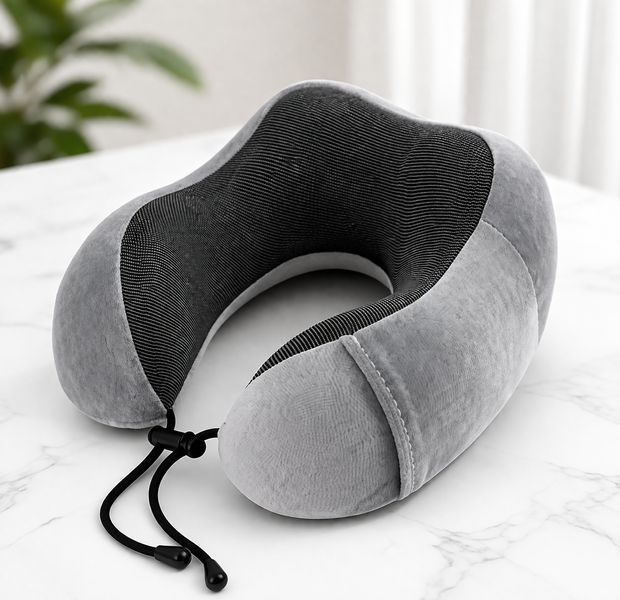 Дорожня подушка-рогалик Memory foam під шию з фіксатором Сіра Ol-1 фото