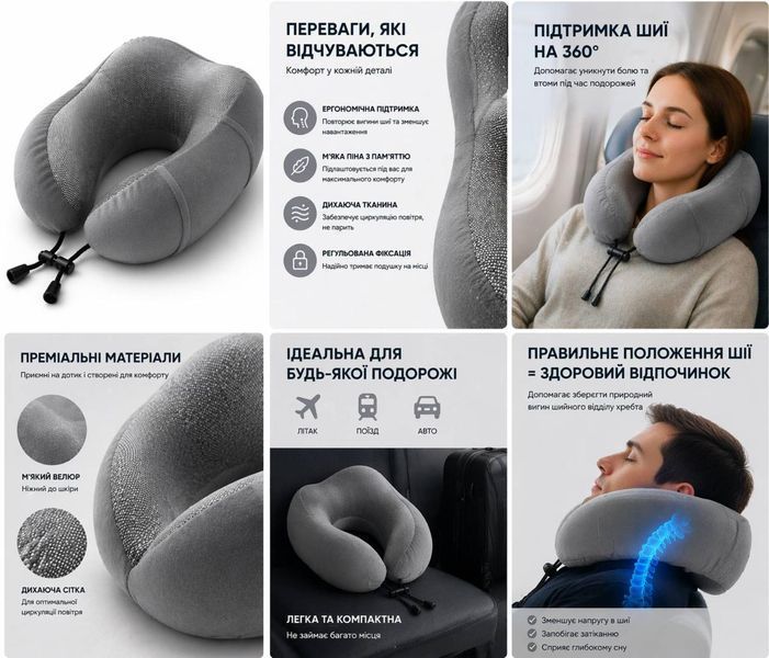 Дорожня подушка-рогалик Memory foam під шию з фіксатором Сіра Ol-1 фото